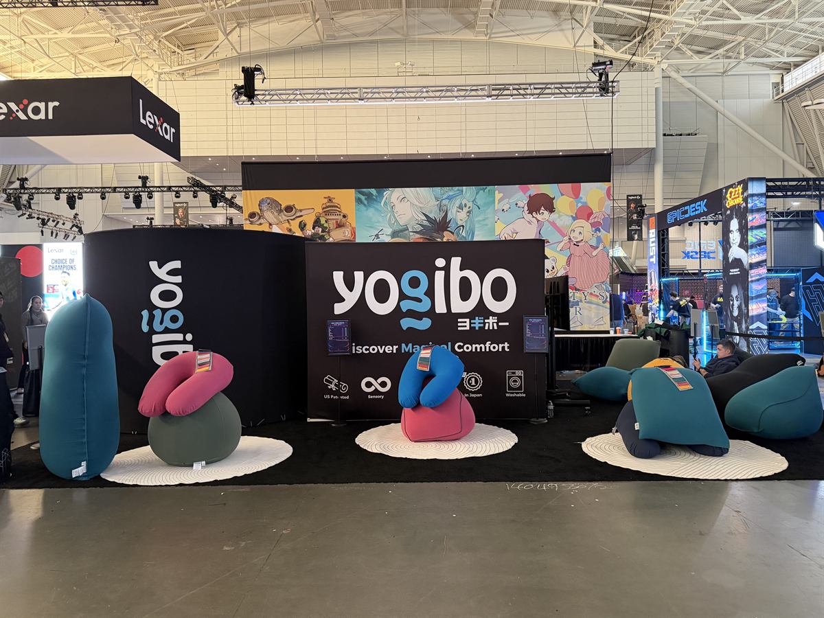 The Yogibo booth wall on the show floor