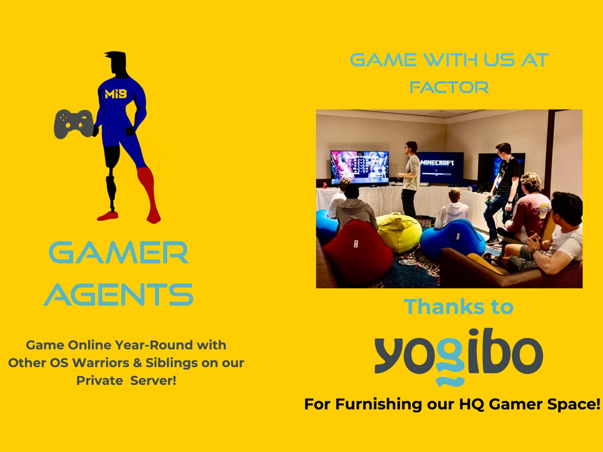 MIB Agents Gamer Agents flyer thanking Yogibo for furnishing their HQ gamer space