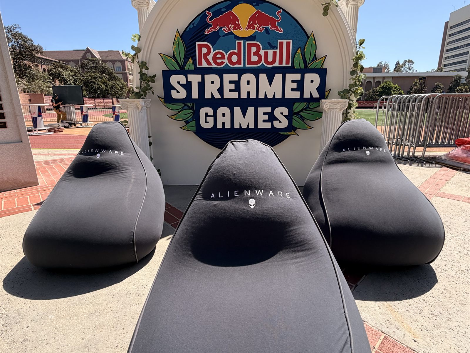 Alienware-branded Yogibo bean bags beneath the Red Bull Streamer Games arch
