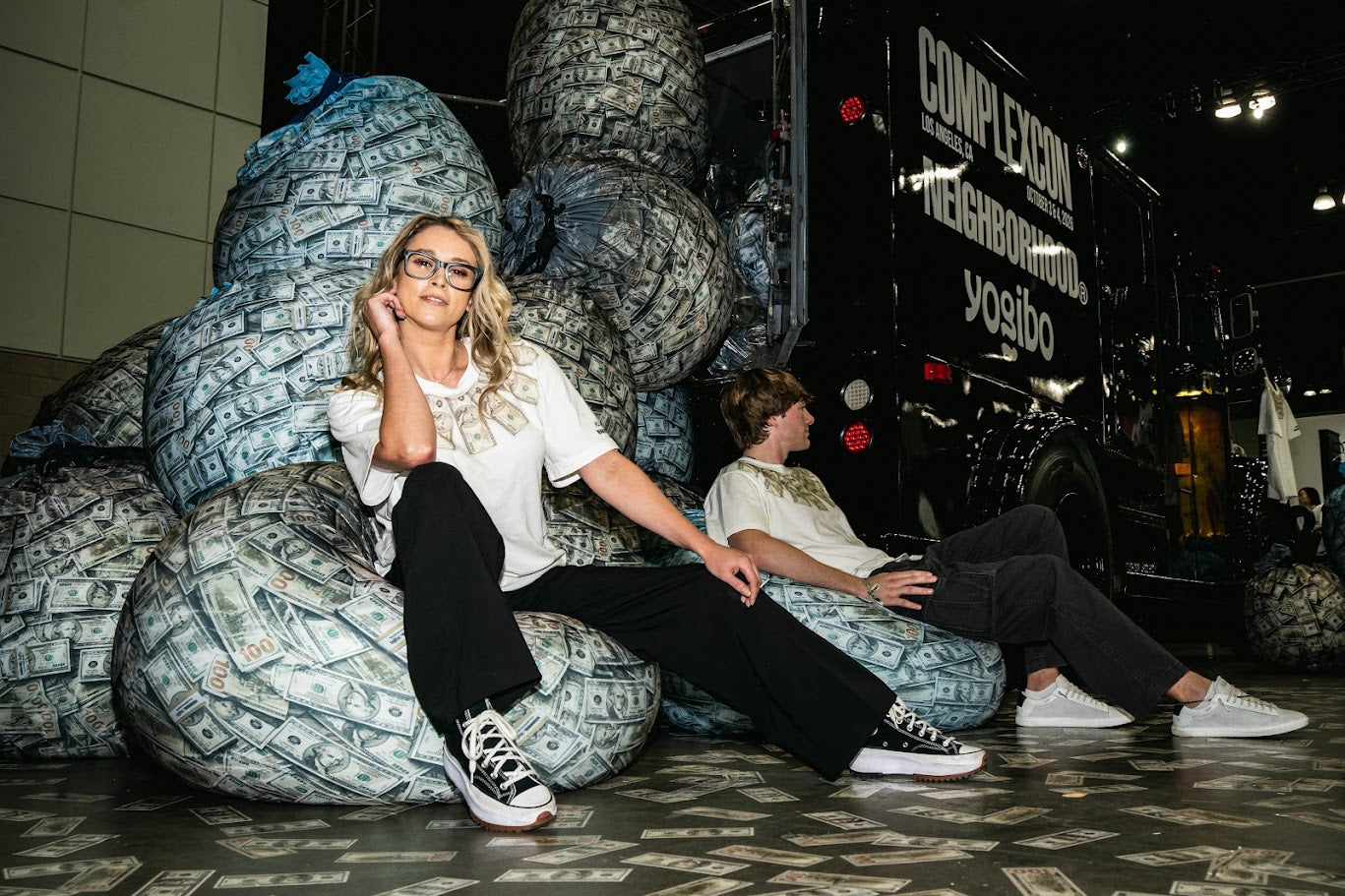 NEIGHBORHOOD × Yogibo money-bag bean bags at the ComplexCon booth in Los Angeles