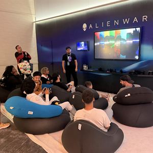 Attendees gaming in the Alienware lounge at San Diego Comic Con